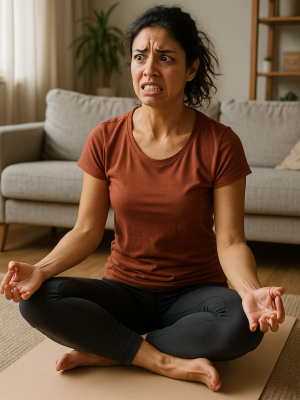 Getresste Frau, die Yoga macht